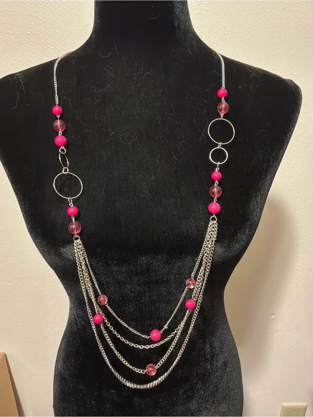 Multi-Chain Necklace with Hot Pink Beads